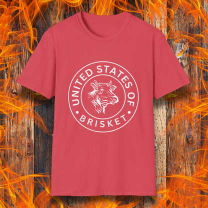 Heather Red T-shirt featuring a bold circular emblem with a detailed cow head illustration and the phrase 'United States of Brisket.' Perfect for BBQ lovers and brisket enthusiasts who take their grilling seriously.