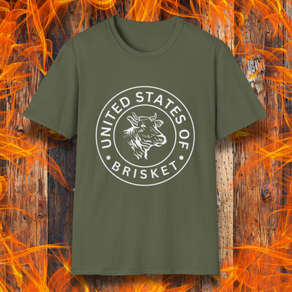 Military Green T-shirt featuring a bold circular emblem with a detailed cow head illustration and the phrase 'United States of Brisket.' Perfect for BBQ lovers and brisket enthusiasts who take their grilling seriously.