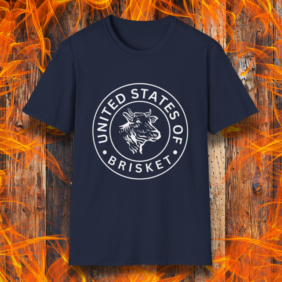 Navy T-shirt featuring a bold circular emblem with a detailed cow head illustration and the phrase 'United States of Brisket.' Perfect for BBQ lovers and brisket enthusiasts who take their grilling seriously.