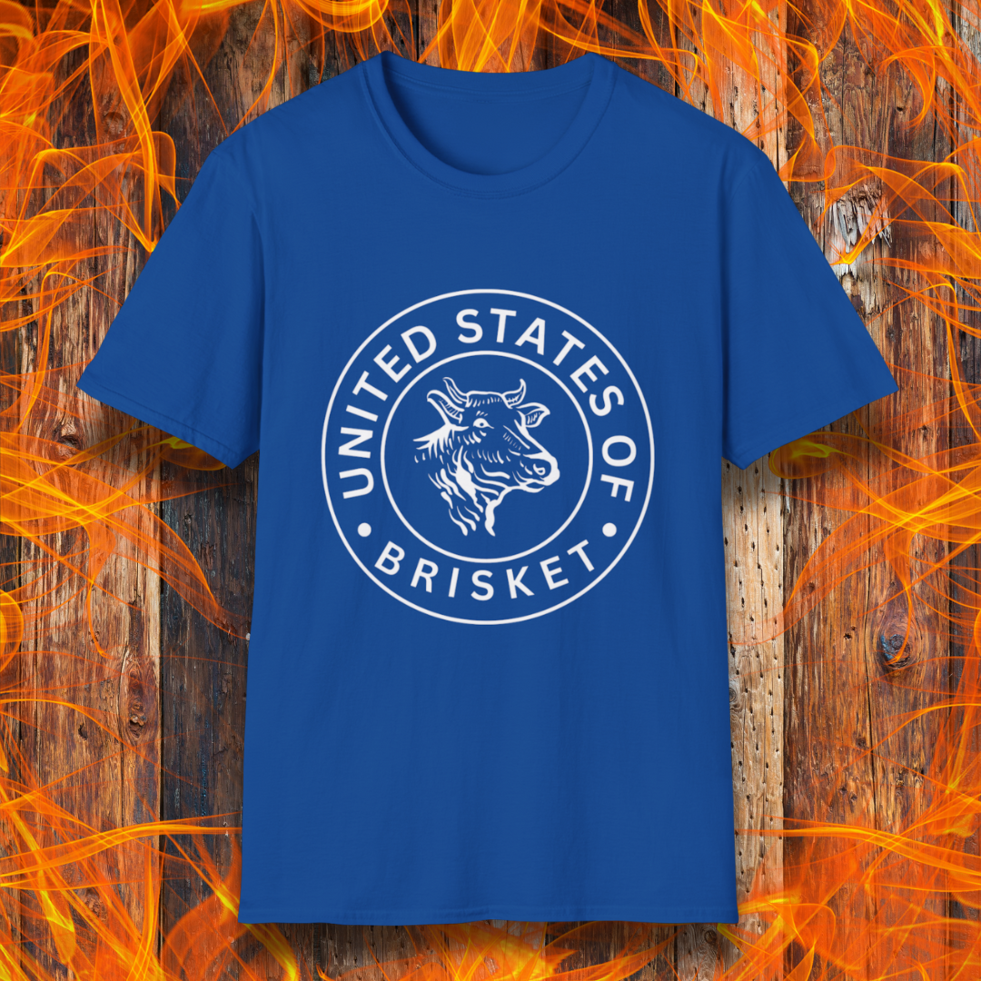 Royal Blue T-shirt featuring a bold circular emblem with a detailed cow head illustration and the phrase 'United States of Brisket.' Perfect for BBQ lovers and brisket enthusiasts who take their grilling seriously.
