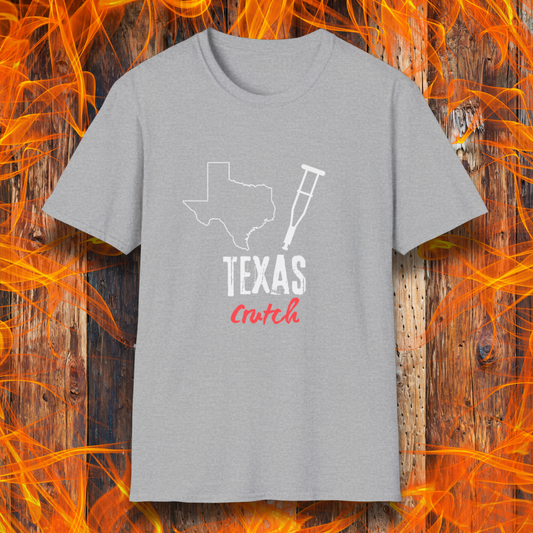 Sport Grey T-shirt featuring a 'Texas Crutch' design with an outline of Texas and a crutch graphic. Perfect for BBQ pitmasters who know the secret to tender smoked meat